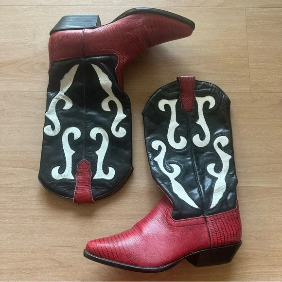 Vintage Nine West Genuine Leather Red Black White Cowboy Boots Lizard Print - Picture 1 of 10